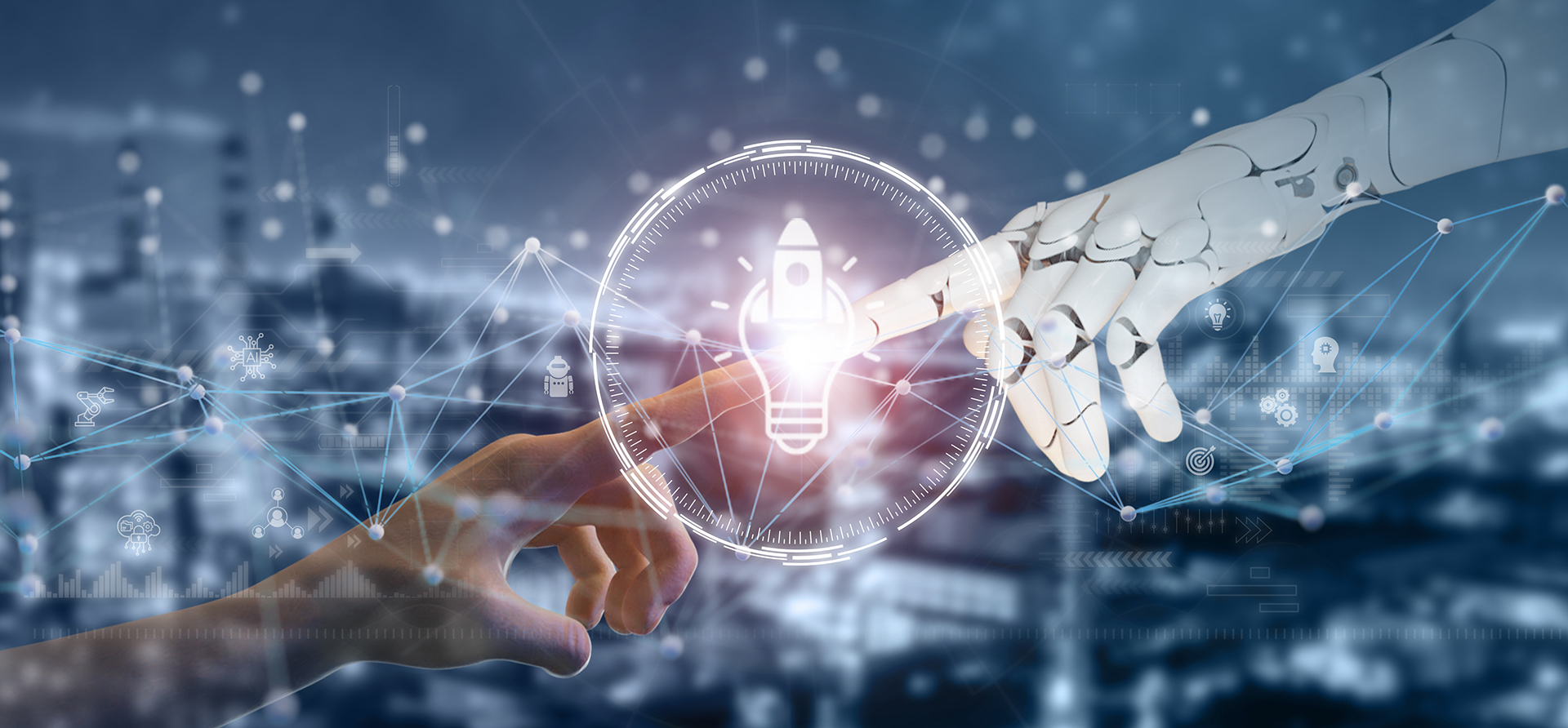 Roboterhand und menschliche Hand, die sich an den Fingerspitzen berühren