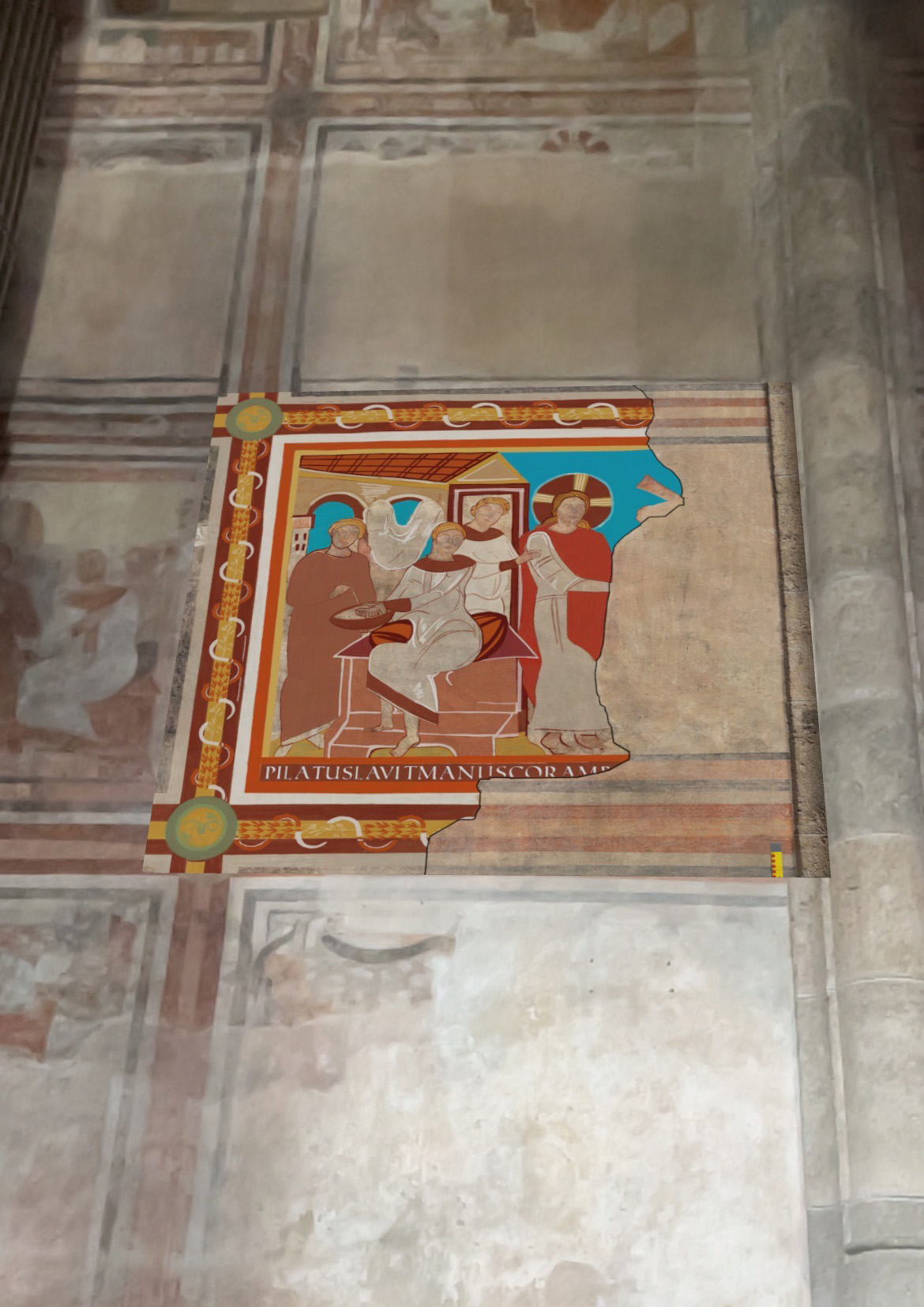 Die AR-App zeigt anstelle der verblassten Freske ein restauriertes Bild mit kräftigen roten und goldenen Farben.