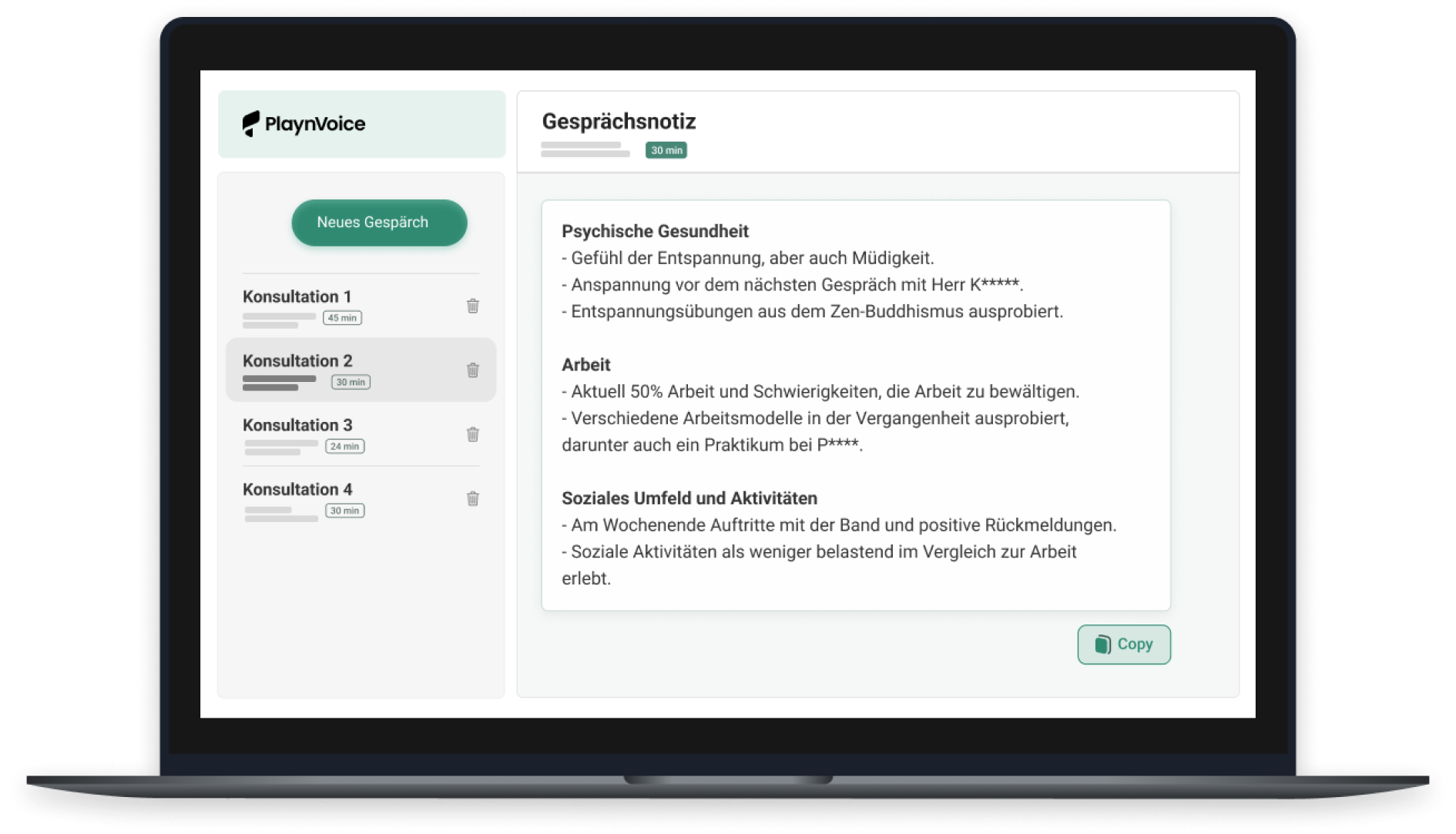 Ansicht in Playnvoice von den transkribierten Sitzungen einer behandelten Person
